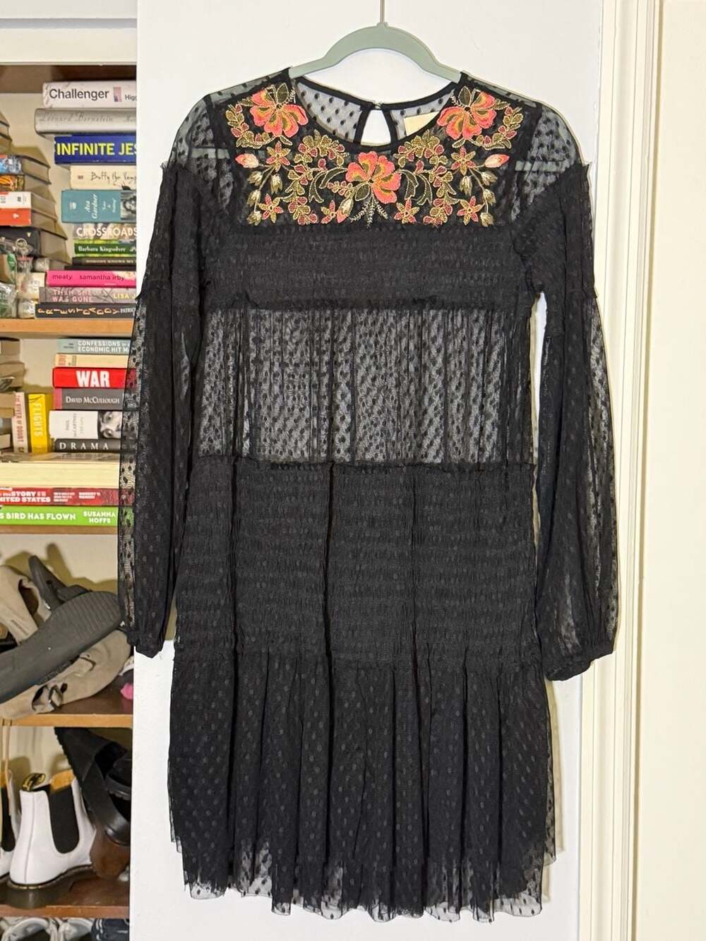 Maeve Black Embroidered Swiss Dot Dress Size Small Long Sleeve Sheer